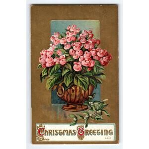 Vintage 1911 Christmas Greeting Postcard with Pink Flowers & Mistletoe